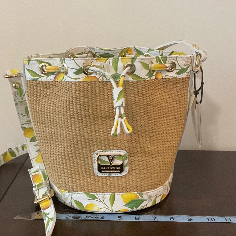 Valentina Lemons Rafia and Leather Bucket Bag